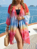 Plus Size Women's Tie-Dye Print Irregular Three-Quarter Sleeve Mesh Beach Jacket