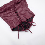 Women's Winter Pu Leather Pleated Fishbone Lace-Up Strapless Top