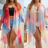 Plus Size Women's Tie-Dye Print Irregular Three-Quarter Sleeve Mesh Beach Jacket