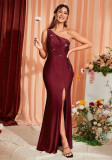 Women's One-Shoulder Mermaid Dress with Slit and Beading