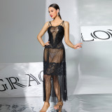 Women's Black Lace Camisole See-Through Sexy Polka Dot Mesh Nightgown