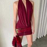 Women's Sexy V Neck Backless Top and Mesh Skirt Two-Piece Set