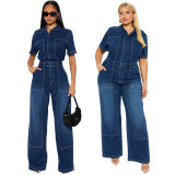 Women's Streetchy Washed Denim Short-Sleeve Wide-Leg Bell Bottom Jumpsuit
