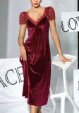 Women's Velvet V-Neck Lace Short-Sleeve Nightgown