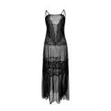 Women's Black Lace Camisole See-Through Sexy Polka Dot Mesh Nightgown