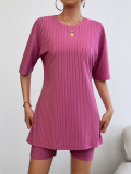 Women's Casual Solid Spring Round Neck Top and Shorts Two-Piece Set