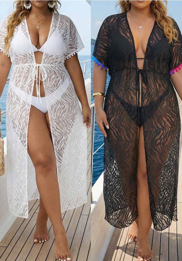 Plus Size Women's Jacket Sexy V-Neck See-Through Lace Lace-Up Beach Bikini Cover-Up