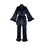 Women's Furry Cuff Tie-Waist Pajama Two-Piece Set