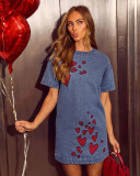 Women's Heart Print Embroidered Short-Sleeve Denim