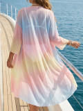 Plus Size Women's Tie-Dye Print Irregular Three-Quarter Sleeve Mesh Beach Jacket