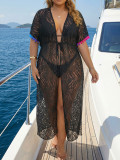 Plus Size Women's Jacket Sexy V-Neck See-Through Lace Lace-Up Beach Bikini Cover-Up