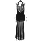 Women's Sexy V Neck Backless Top and Mesh Skirt Two-Piece Set