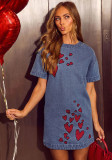 Women's Heart Print Embroidered Short-Sleeve Denim