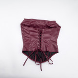 Women's Winter Pu Leather Pleated Fishbone Lace-Up Strapless Top