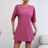 Women's Casual Solid Spring Round Neck Top and Shorts Two-Piece Set