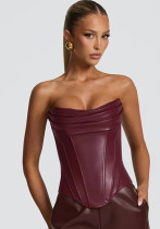 Women's Winter Pu Leather Pleated Fishbone Lace-Up Strapless Top