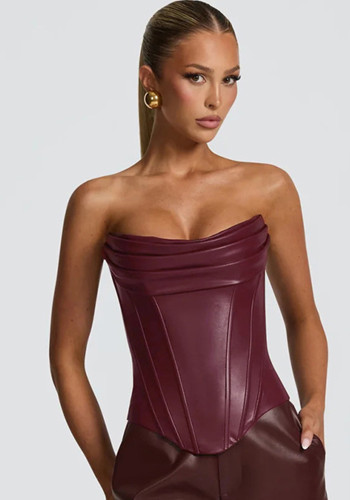 Women's Winter Pu Leather Pleated Fishbone Lace-Up Strapless Top