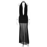 Women's Sexy V Neck Backless Top and Mesh Skirt Two-Piece Set