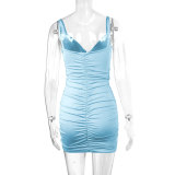 Women's Summer Sexy V-Neck Strap Ruched Bodycon Low Back Dress