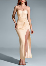 Sexy Chic Mesh Boned Strapless Low Back High Slit Ruched Evening Gown Sexy Chic Mesh Boned Strapless Low Back High Slit Ruched Evening Gown