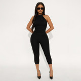 Women's Spring & Summer Halter Neck Lace-Up Low Back Solid Ruched Slim Waist Cropped Jumpsuit