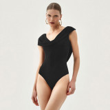 Women's Spring Solid Color Sexy Ruched Sleeveless Plunge Neck Slim Fit Bodysuit