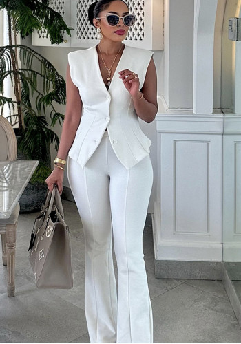 Women's Spring Fashion Chic Sleeveless Button Slim Waist Vest & Solid Pants Set