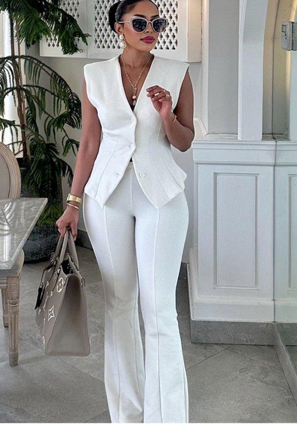 Women's Spring Fashion Chic Sleeveless Button Slim Waist Vest & Solid Pants Set