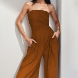 Women's Spring Fashion Chic Solid Color Strapless Wide-Leg Jumpsuit