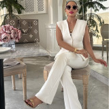 Women's Spring Fashion Chic Sleeveless Button Slim Waist Vest & Solid Pants Set