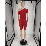 Women's Summer Sexy Slash Shoulder Short Sleeve Solid Color Two-Piece Shorts Set