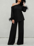Women's Fashion Elegant Slash Shoulder Long Sleeve Feather Cuff Wide-Leg Pants Set