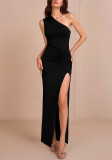 Chic Slash Shoulder Sexy High Slit Ruched Tight-Fitting Evening Gown
