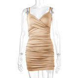 Women's Summer Sexy V-Neck Strap Ruched Bodycon Low Back Dress