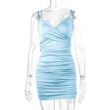 Women's Summer Sexy V-Neck Strap Ruched Bodycon Low Back Dress