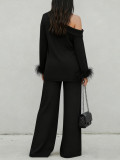 Women's Fashion Elegant Slash Shoulder Long Sleeve Feather Cuff Wide-Leg Pants Set
