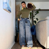 Washed Ruched Loose Denim Pants