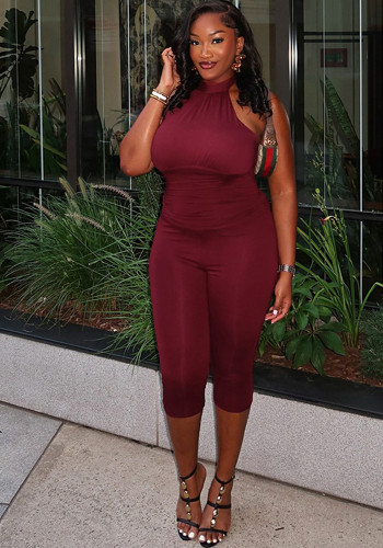 Women's Spring & Summer Halter Neck Lace-Up Low Back Solid Ruched Slim Waist Cropped Jumpsuit