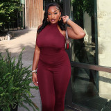 Women's Spring & Summer Halter Neck Lace-Up Low Back Solid Ruched Slim Waist Cropped Jumpsuit