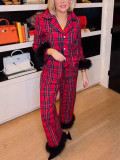 Women's Turndown Collar Plaid Cardigan Shirt & Long Pants Pajama Set