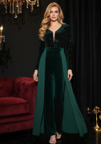 Women's Dark Green Sequin V-Neck Long Sleeve High-Waist Straight-Leg Jumpsuit Women's Dark Green Sequin V-Neck Long Sleeve High-Waist Straight-Leg Jumpsuit