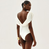 Women's Spring Solid Color Sexy Ruched Sleeveless Plunge Neck Slim Fit Bodysuit