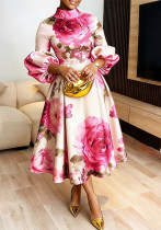 Women's Summer Chic Elegant Printed Stand Collar Lantern Sleeve Slim Waist A-line Dress Women's Summer Chic Elegant Printed Stand Collar Lantern Sleeve Slim Waist A-line Dress