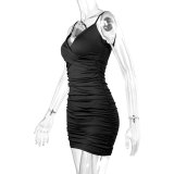 Women's Summer Sexy V-Neck Strap Ruched Bodycon Low Back Dress