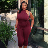 Women's Spring & Summer Halter Neck Lace-Up Low Back Solid Ruched Slim Waist Cropped Jumpsuit