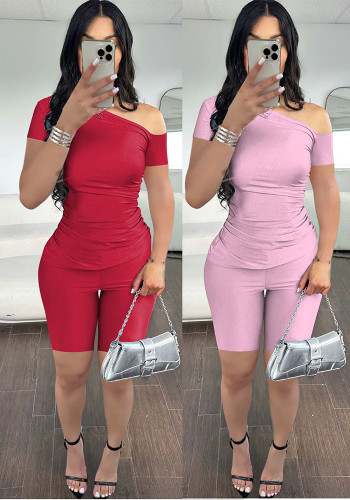Women's Summer Sexy Slash Shoulder Short Sleeve Solid Color Two-Piece Shorts Set