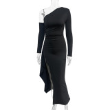 Women's Autumn & Winter Long Sleeve Sexy Slash Shoulder Asymmetrical Slit Long Dress