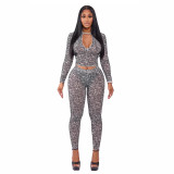 Women's Spring & Autumn Sexy Half-High Neck Zip Crop Long Sleeve Tight-Fitting Pants Set