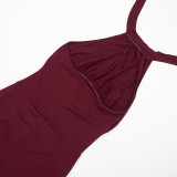 Women's Spring & Summer Halter Neck Lace-Up Low Back Solid Ruched Slim Waist Cropped Jumpsuit