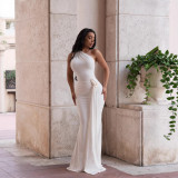 Women's Solid Color Slash Shoulder Ruched Slim Fit Low Back Bodycon Long Dress